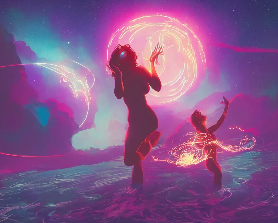 Image similar to a beautiful whimsical goddess standing on a lake basking in the moonlight, firebending, underneath a multi-colored binary blackhole with an accretion disc, glowing trails following her arms, wearing professional makeup, synthwave, by Lois van Baarle, by Greg Rutkowski, by artgerm, by beeple, by studio ghibli, cinematic angle, volumetric lighting, 4k resolution, octane render, trending on artstation, masterpiece