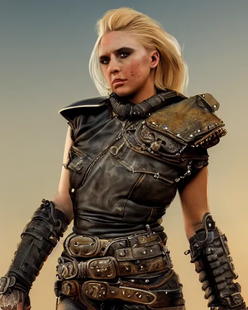 Prompt: highly detailed full body character portrait of a female blonde mad max road warrior with auto parts attached to her leather costume, concept painting with detailed face by J. C. Leyendecker and Edmund Blair and Yuriy Mazurkin and Eppo Doeve, octane render, 8k, high quality, award winning masterpiece, HDR,