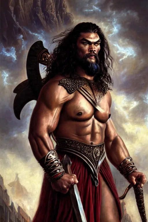 Prompt: beautiful portrait oil painting, jason momoa conan the barbarian standing in a dungeon wearing a crown and royal crimson spartan armor enthroned as the god emperor of ancient rome, muscular, action pose, frank frazetta, boris vallejo, greg rutkowski, beautiful cinematic light, low angle, thomas lawrence, greg rutkowski, high contast