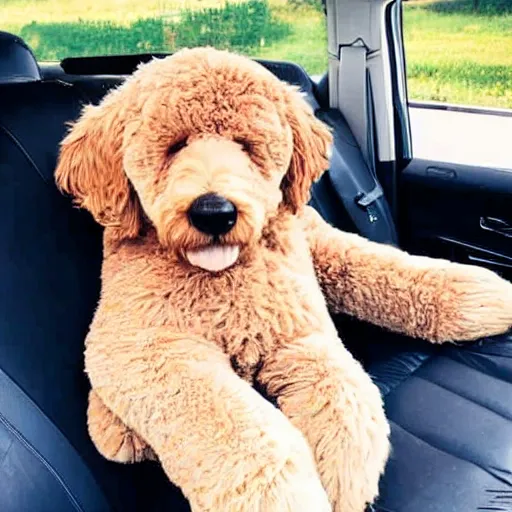 Prompt: a photo of a goldendoodle sleeping on the backseat of a car with a teddy bear next to it