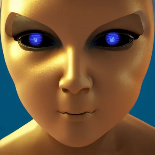 Prompt: womanized humanoid robot made of steel, beautiful face, yellow eyes, blue short hair, big breasts, anatomically correct, futuristic, glowing details, symmetrical, unreal engine, ray tracing, 8 k, uhd, ultrarealistic, highly detailed