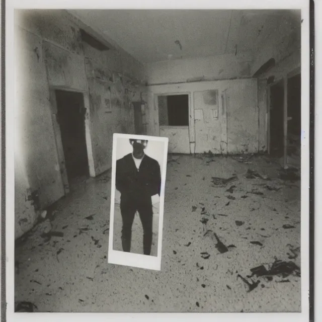 Image similar to found polaroid photo, flash, interior abandoned hospital, mutant creature standing