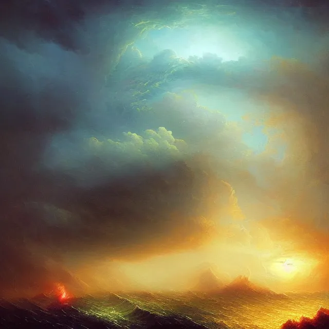 Image similar to the eye of an hurricane, fantasy landscape, colorful, sharp and focus, ultra detailed, beautifully lit landscape, astrophotography, in the art style of dan mumford, ivan aivazovsky and marc simonetti