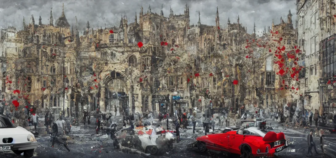 Image similar to A British European City with cars and people roaming inside of the city, certain aspects of the background are lens blurred, splatters of red on the border of the image, some of the people are even painted red, black and white photograph painting, real life, realistic, hyperrealistic, very realistic, photo photograph, photo, photograph, painting, oil painting, ultra realistic, very detailed, extremely detailed, highly detailed, HD Quality, 4k resolution, 8k resolution, trending on artstation, in the style of an Album Cover, cool, epic, nostalgic, intricate details