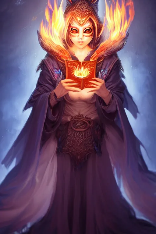 Image similar to gorgeous!!! hyper - realstic sorceress with a kitsune mask, holding a tattered magical book, casting a flame spell, blue flames | drawn by wlop, drawn by jeehyung lee, drawn by artgerm | fantasy, dark, intricate, highly detailed, digital painting, character design, concept art, illustration, artstation