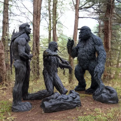 Prompt: group of occultist bowing worshipping a bigfoot statue