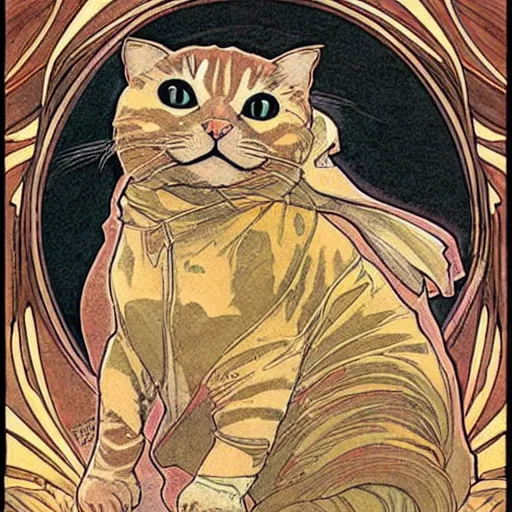 Image similar to an art nouveau cat wearing a hooded coat by moebius and james gurney and mucha