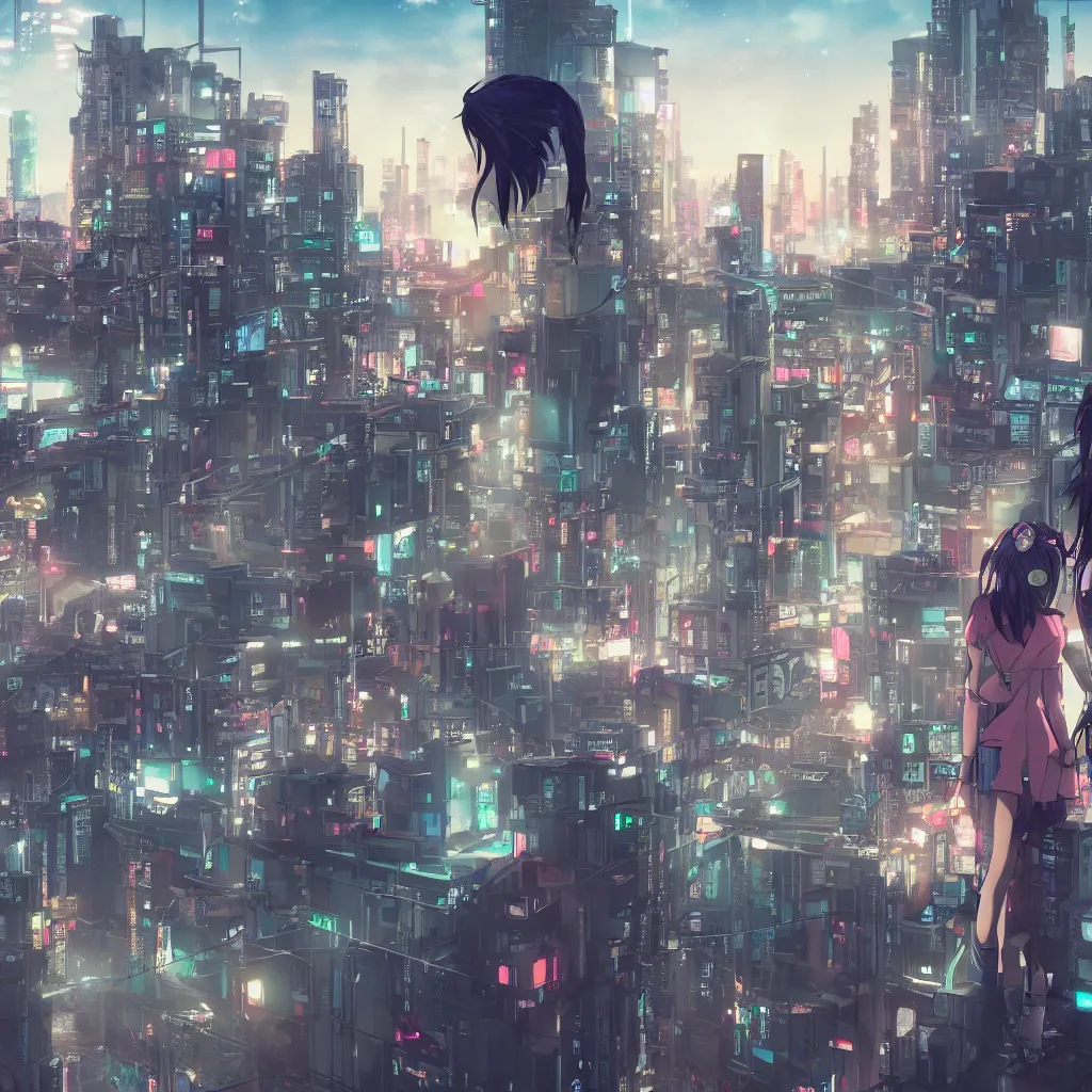 Prompt: a girl stands on top of a multi-storey building, anime style, 4k, cyberpunk city in the background, very detailed