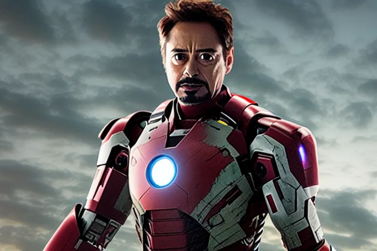 Image similar to film still of zombie Tony Stark in Ironman armor with no headpiece in new avengers movie, 4k