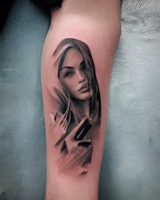 Image similar to creative double exposure effect tattoo design sketch of megan fox faded with beautiful mountain scenery, realism tattoo, in the style of matteo pasqualin, amazing detail, sharp