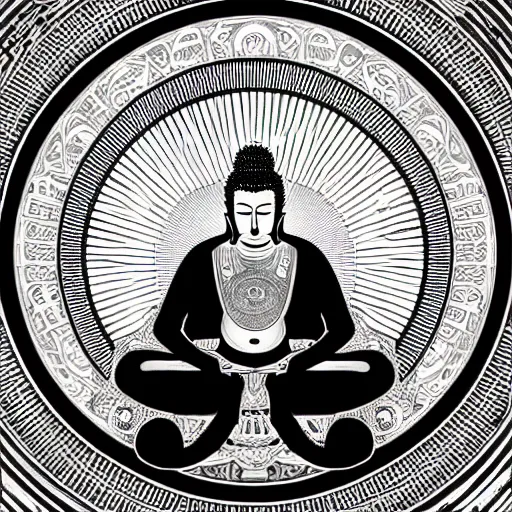 Prompt: 2 d techno buddah dreaming of the ying yang in front of concentric geometric radial sun portal with ancient wuji symbols embedded within it, black fine lines, ornate details, hyper realism, yoshitaka amano, alphonse mucha