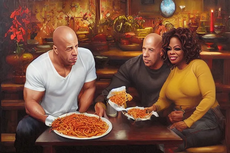 Image similar to portrait of vin diesel and oprah winfrey sharing spaghetti, an oil painting by ross tran and thomas kincade