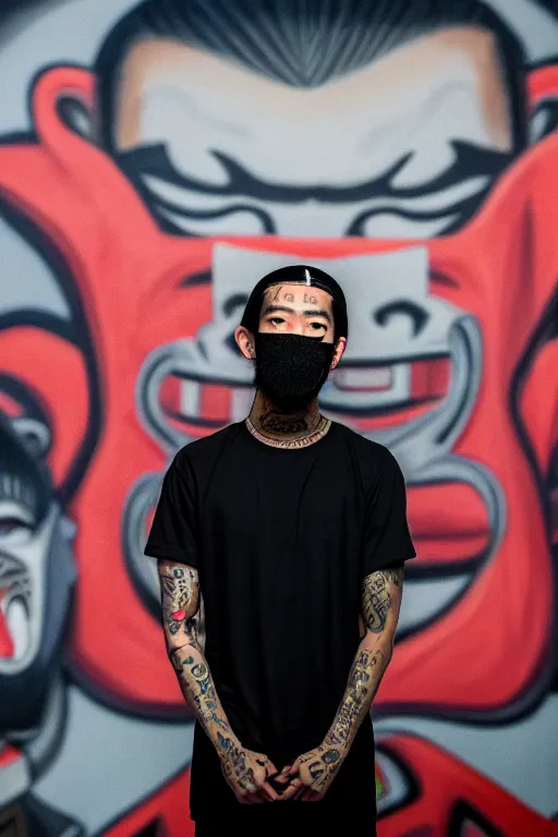 Image similar to asian guy with oni mask stand in front of wall with nipsey hussle mural, photorealistic, smooth, 4 k, aesthetic lighting, baroque object, sharp focus, hyperdetailed, professional photography, pullitzer winning, photo by : canon eos 5 d mark iv, by karah mew and adnan abidi and jodie bateman