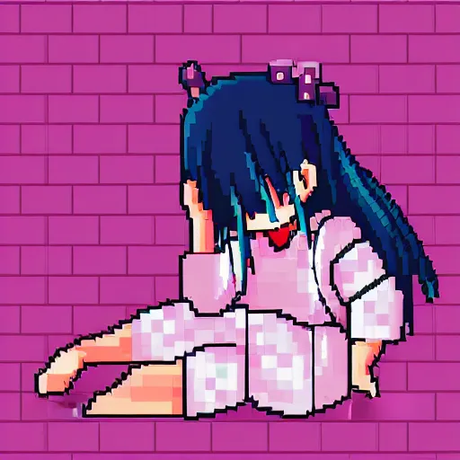 Image similar to advanced digital anime pixelart , girl wearing a pink bunny pajama laying on the floor. —H 128 —W 128