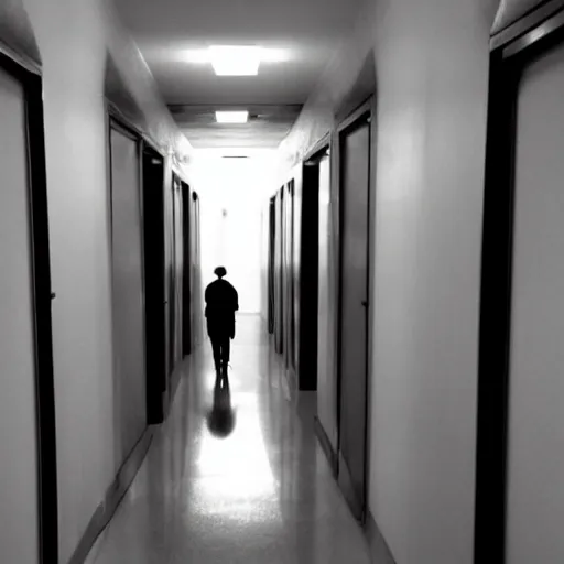 Prompt: a hallway with a shadowy silhouette standing at the end, creepy, uncanny, liminal space