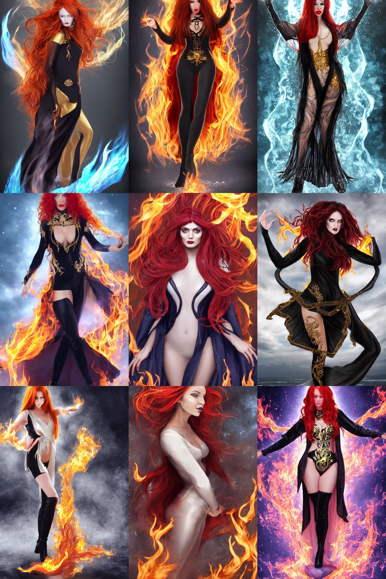 Prompt: Full body Portrait of a female elementalist, black-white skintight robes, leggins, golden accessories, fiery red hair, long straight hair, sculptured face, blue eyes, red lipstick, floating, Fire left!, Ice right!, dual magics, extremely detailed, by frank franzzeta, WLOP, Genzoman and gary gygax, trending on artstation, artstationHD, artstationHQ, deviantart, 16K, HD, matte painting, vibrant colors