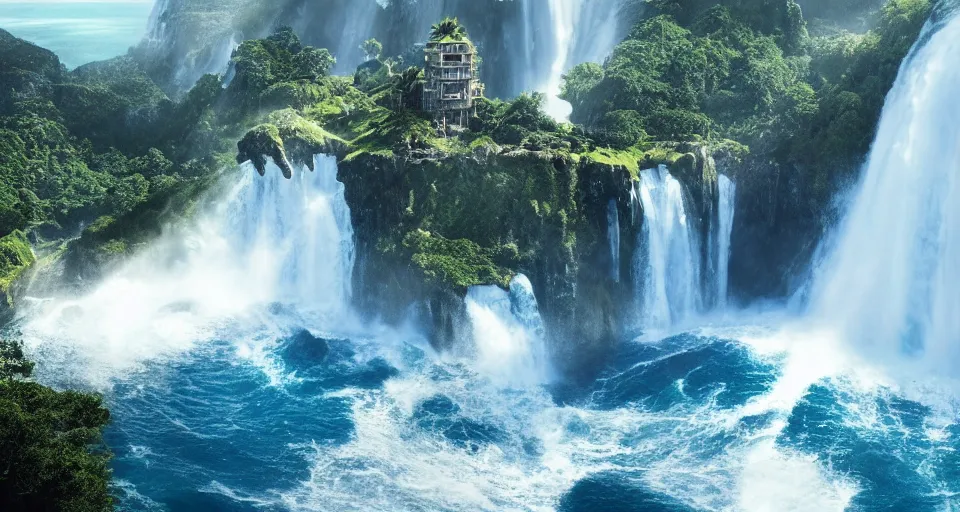 Prompt: A magnificent flying island in the sky above the sea, waterfall falling down, epic lighting, epic composition, cinematic, highly detailed, 4k