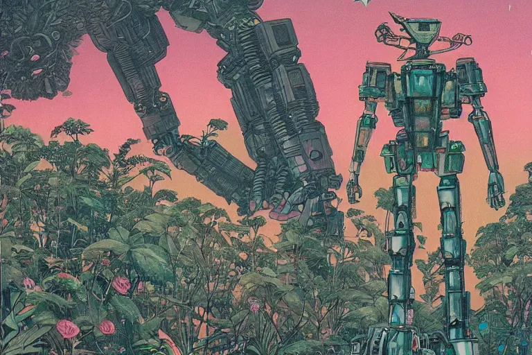 Image similar to gigantic man head, a lot of exotic vegetation around, trees, tremendous mecha robot, flowers, risograph!, oldschool vintage sci - fi flat surreal design, super - detailed, painting by moebius and satoshi kon and jodorwski