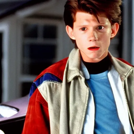 Prompt: Still of Tom Holland as Marty mcfly in back to The Future 1985 movie