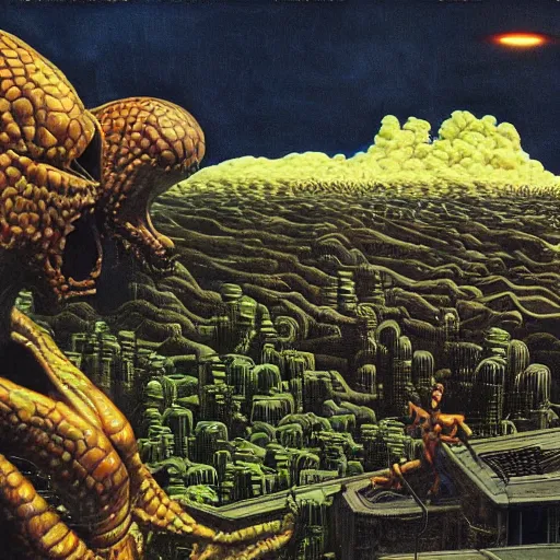 Image similar to a hyperrealistic painting of an alien invasion, by chris cunningham and richard corben, highly detailed, vivid color,