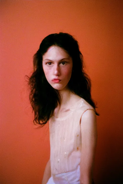 Prompt: film photography from 7 0 s, close - up portrait, young fashion model, red room, soft light, golden hour, in style of joel meyerowitz