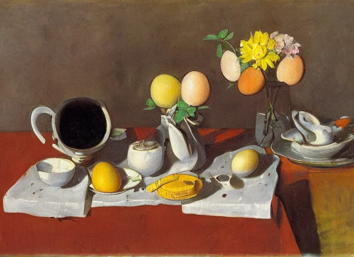 Prompt: a surreal painting of a breakfast still life, coffee, eggs, flowers, by George Baselitz, symbolist, soft colors, dramatic lighting, smooth, sharp focus, extremely detailed, aesthetically pleasing composition