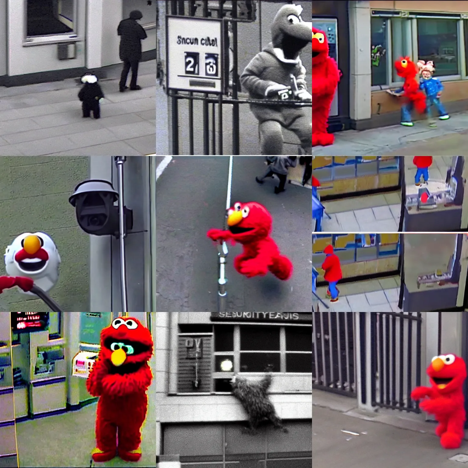 Prompt: cctv footage of elmo robbing the bank, security camera