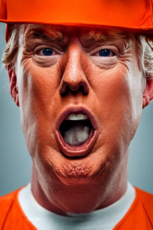 Image similar to Close-up portrait of Donald Trump in jail wearing orange clothes with an American bald eagle on standing on his head, octane, dramatic lighting, editorial photo, 35mm, very detailed