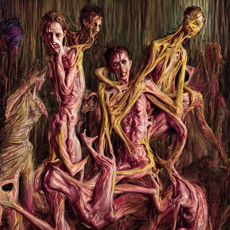 Image similar to bright psychdelic realistic anorexic cult turning into gods and deamons and smiling franticly, old apartment, rotten flesh, diffuse lighting, fantasy, intricate, elegant, highly detailed, lifelike, photorealistic, digital painting, artstation, illustration, concept art, smooth, sharp focus, art by francis bacon and jenny saville