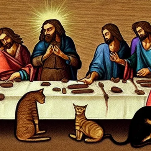 Image similar to jesus and some cats trade pokemon cards in davinci's last supper