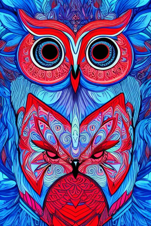Image similar to glowing owl, white, red and blue colours, highly detailed, digital art, sharp focus, trending on art station
