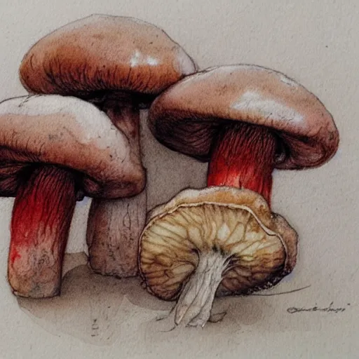 Prompt: jean - baptiste monge water color on white paper watercolor sketch of mushrooms hard edges, pencil lines, drips, runs, spatter, details. red chrome