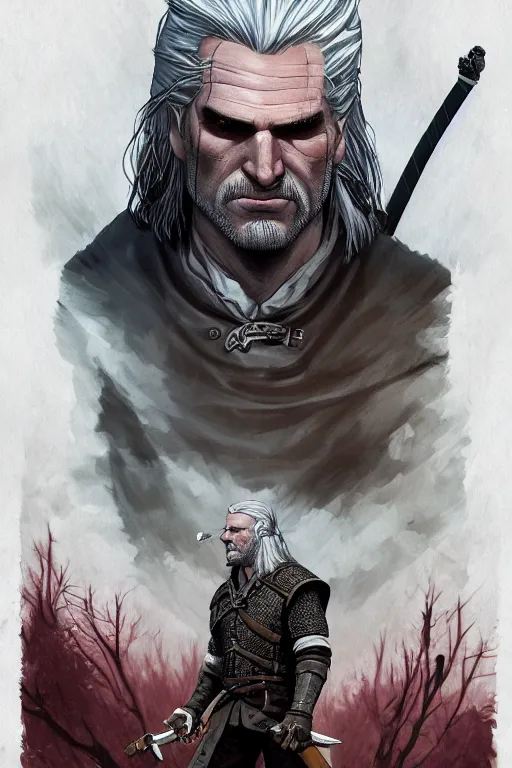 Image similar to geralt of rivia in sleepy hollow, full body, big two toned eyes, teeth gritted, horror, intricate details, cinematic, epic, realistic, anatomy, tomer hanuka, uplight, artstation, photorealistic, scary