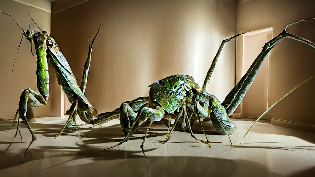 Image similar to the giant praying mantis head in the living room made of wax and water, film still from the movie directed by Denis Villeneuve with art direction by Salvador Dalí, wide lens