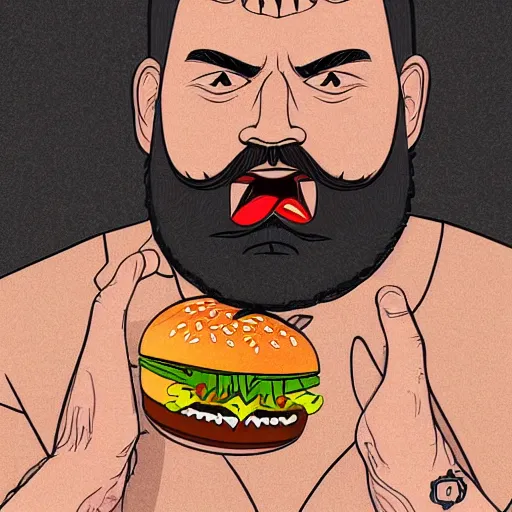 Image similar to beard man angry with italian burger. symmetrical anatomy, very intricate details, digital art, baroque, pop punk art style, colorful, accompanied by body, without duplication, dribble popular, artstation trending, drawn by ilya kuvshinov and iwan suastika and vinicius gud and gustavo zambelli, intricate, balance rendered.