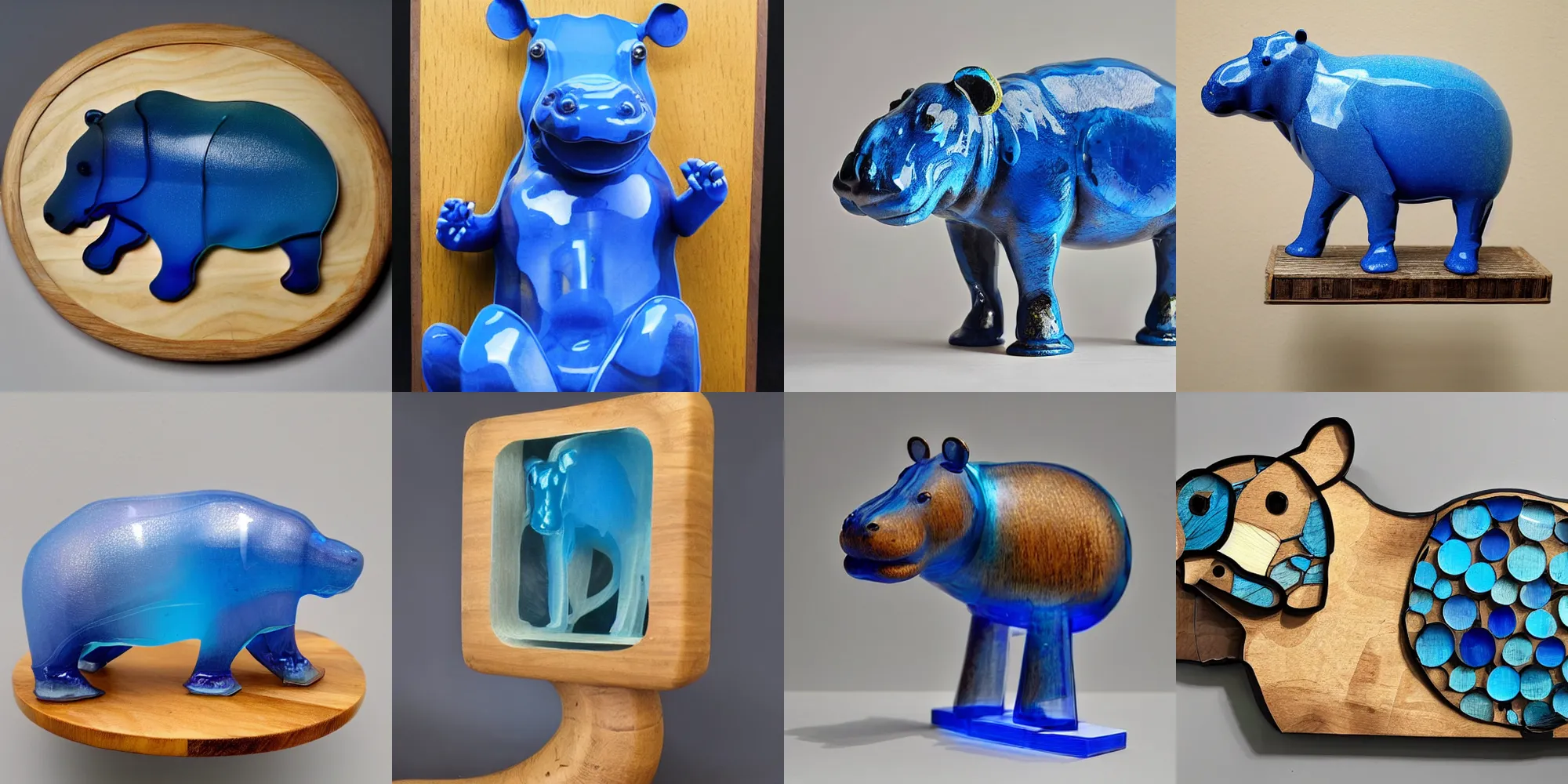 Prompt: ebay. studio hollow, hippo collage sculpture, assembled, blue transparent jelly, collage wood blue resin,
