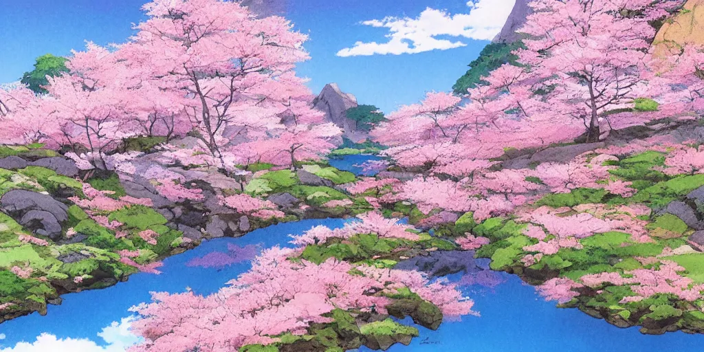 Prompt: sakura blossom in the mountains by studio ghibli