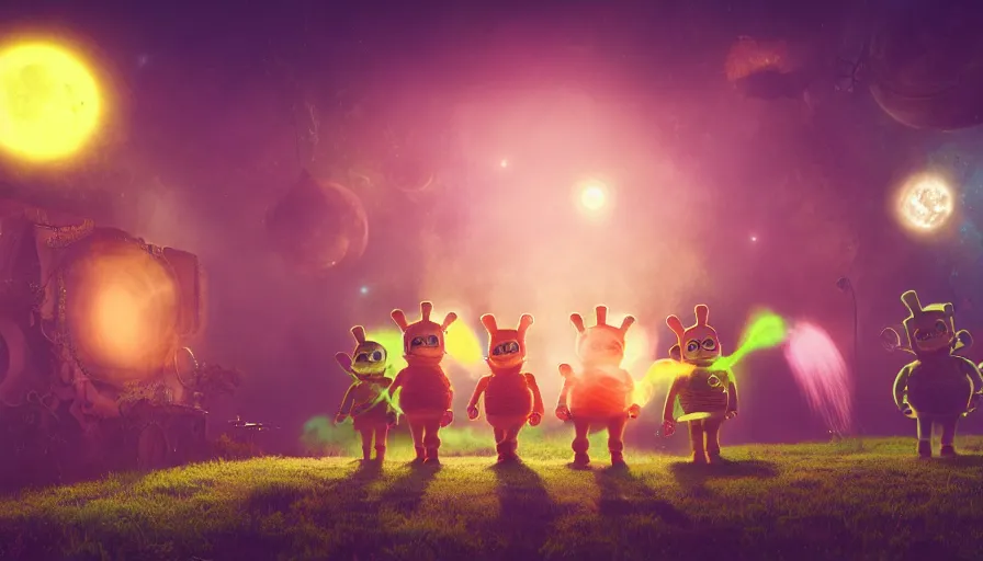 Prompt: steampunk teletubbies on ayahuasca, dancing in the moonlight, ultra realistic, concept art, intricate, details, photorealisti,c octane render, 8k