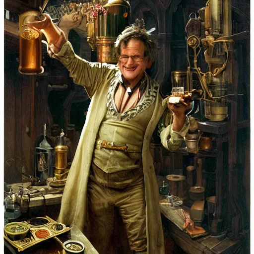 Image similar to an ultradetailed portrait of robin williams dressed as an alchemist, brewing potions in a workshop, d & d, fantasy, intricate, elegant, highly detailed, digital painting, matte, sharp focus, illustration, art by john collier and albert aublet and krenz cushart and artem demura and alphonse mucha