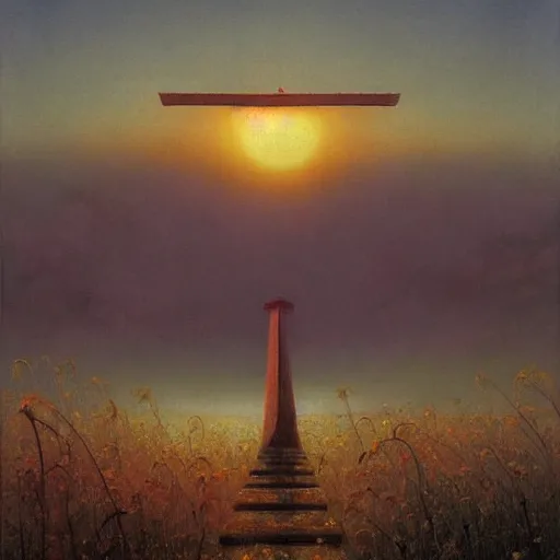 Image similar to A beautiful painting of A Torii over a plain,sunset,dim by Zdzisław Beksiński and Ilya Repin,In style of Post-Apocalyptic.digital art, illustration,hyper detailed,smooth, sharp focus,trending on artstation,oil on the canvas,4k