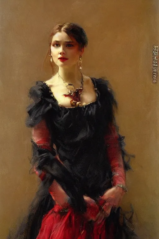 Image similar to Solomon Joseph Solomon and Richard Schmid and Jeremy Lipking victorian genre painting full length portrait painting of a young beautiful woman traditional german french actress dancer in fantasy costume, red background