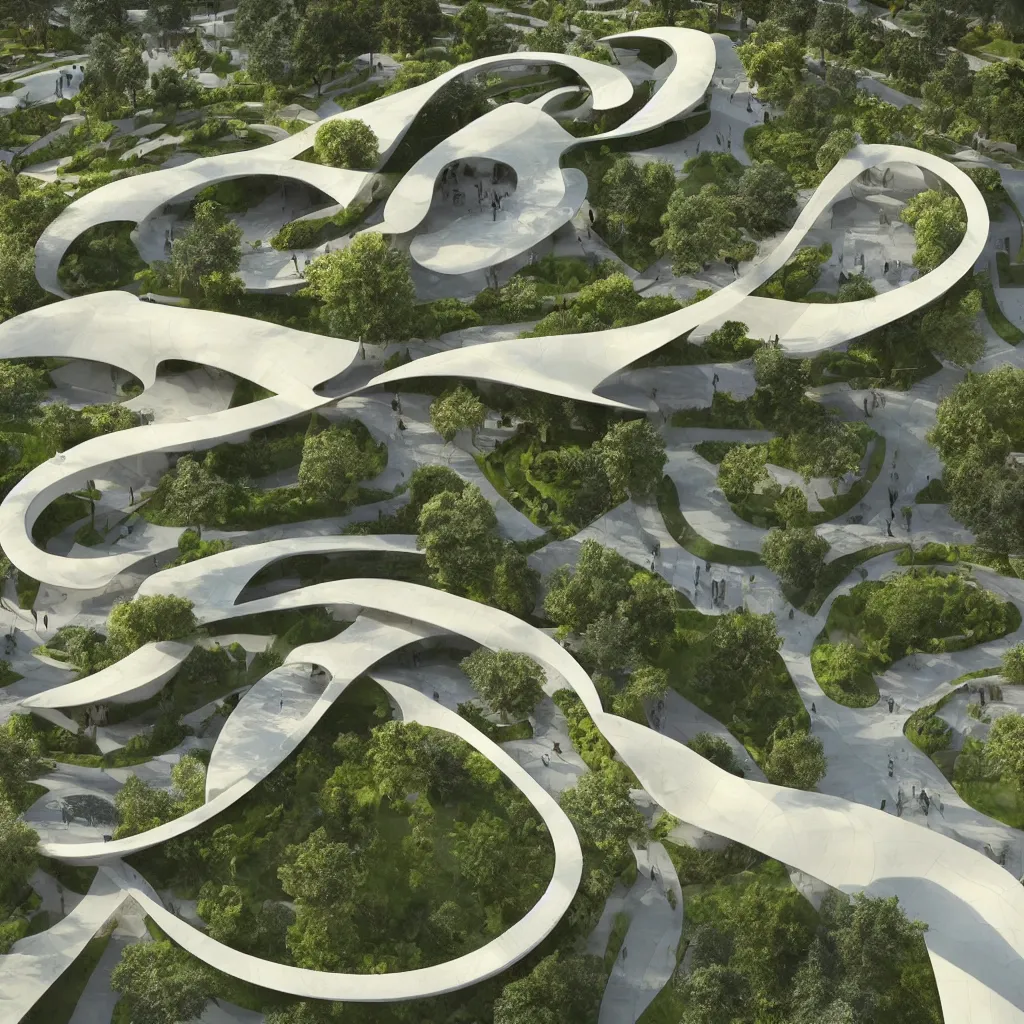 Image similar to “ an incredibly smooth curvilinear architectural sculpture, unfolding continuous golden surfaces enclose a visually interesting garden designed by zaha hadid, architecture render, axonometric ”