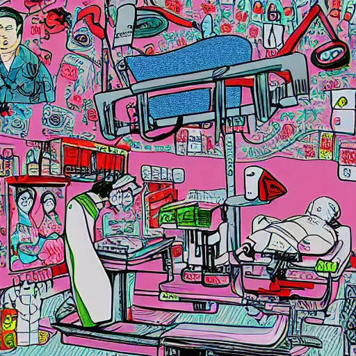 Image similar to chinese surgery operating table, in the style of daniel johnston and outsider art, 8k, line brush, overlaid with chinese adverts