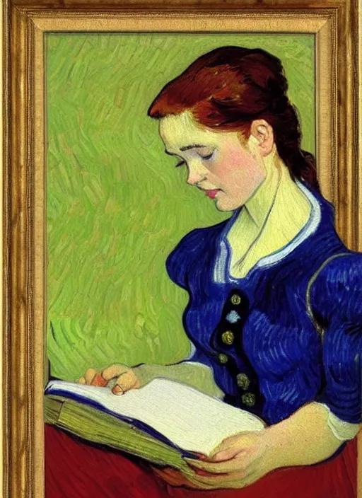 Image similar to lifelike oil painting portrait of belle reading a book by van gogh