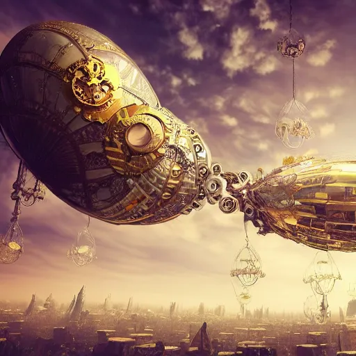 Image similar to enormous flying city in a faberge egg encircled by giant metallic petals, cloudy sky background, steampunk, fantasy art, masterpiece, unreal engine