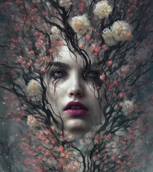 Prompt: a beautiful terrifying but sad female portrait black eyes twisted trees, crying tears, bloom made of flowers. ethereal horror fantasy art by greg rutkowski and raymond swanland and monet