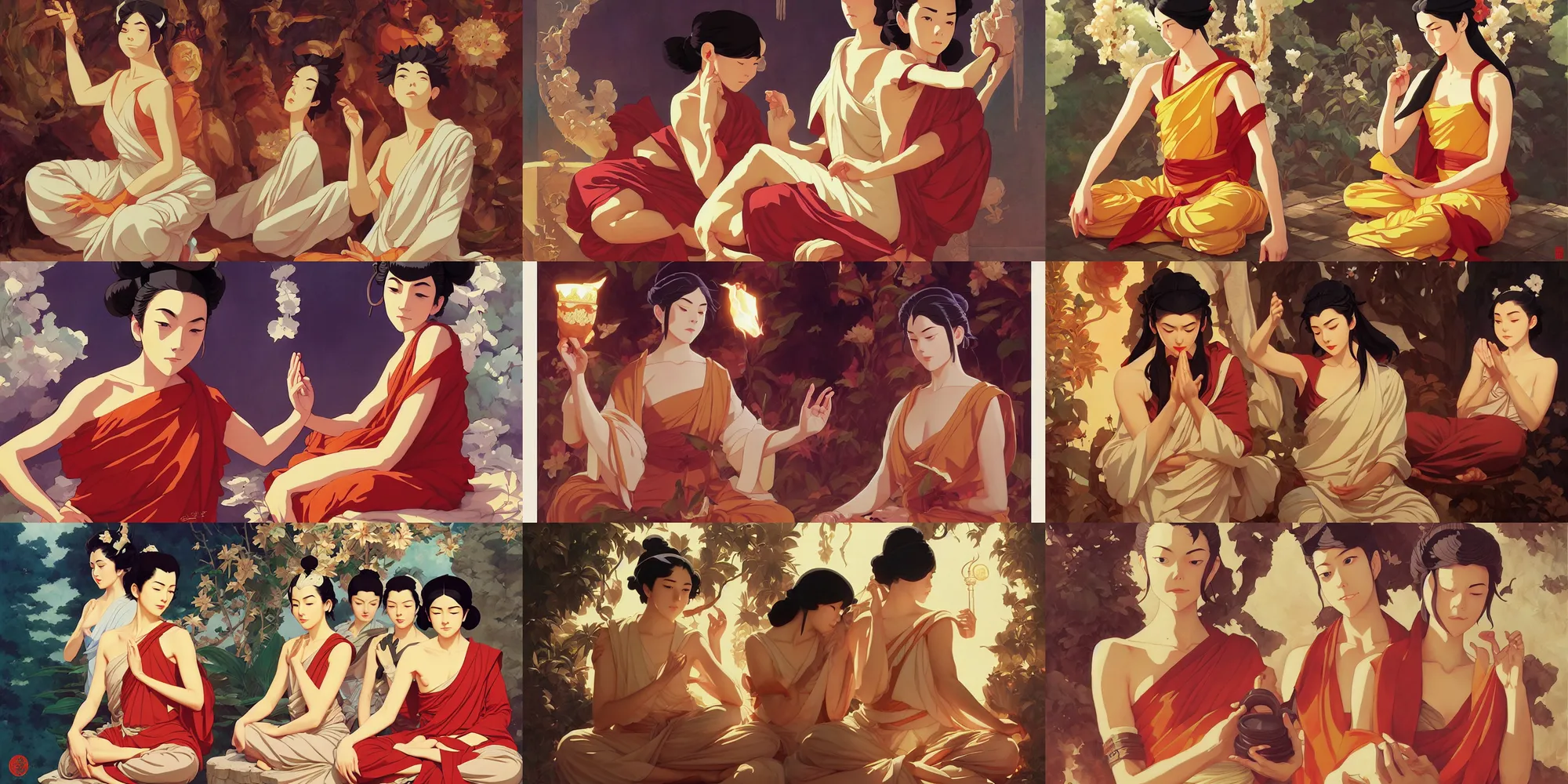 Prompt: buddhism, in the style of studio ghibli, j. c. leyendecker, greg rutkowski, artgerm