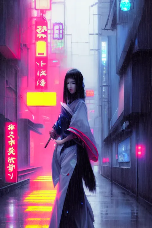 Prompt: portait of a beautiful young cyberpunk geisha half body in a kimono and with an white umbrella in cyberpunk city with neon lights, ambient lights, rainy day, digital painting, art station, by greg rutkowski