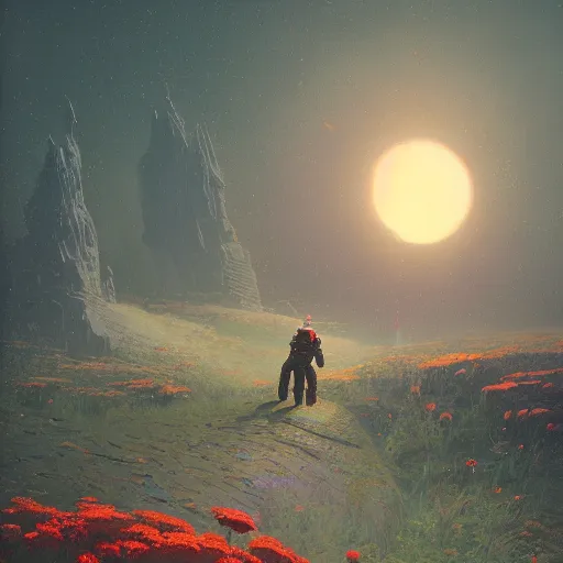 Image similar to a fantastic hyperdetailed 3 d matte painting of a giant robot partially covered in overgrowing wildflowers on an alien planet under arctic moonlight by moebius by beeple by by jakub rozalski by paul lehr by dan mumford