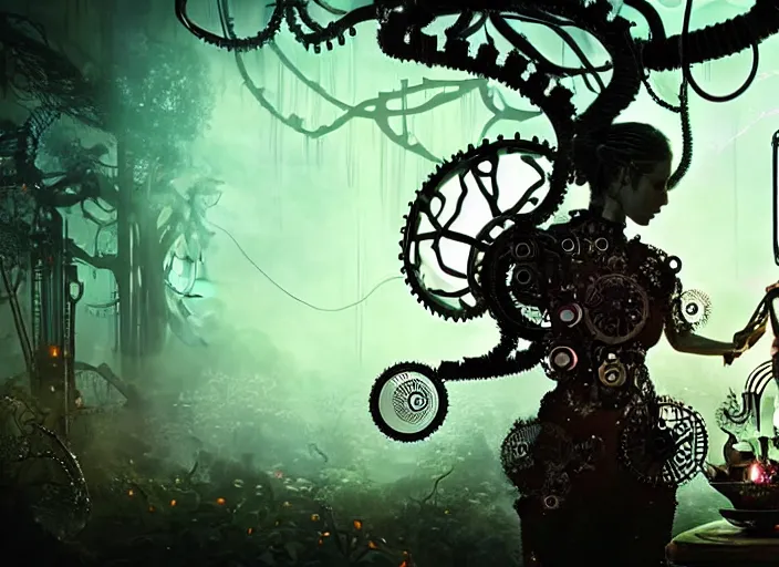 Image similar to silhouette of an intricate mechanical fairy with visible gears having tea with a cyborg winged horned demon medusa in a magical forest. Very detailed 8k. Fantasy cyberpunk horror. Sharp. Cinematic post-processing